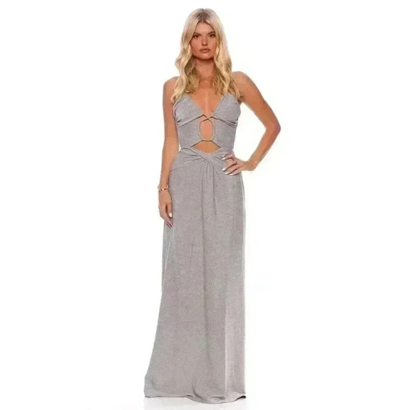 PATBO Cut-Out Lurex Maxi Dress 8 NWT Silver Sparkle Gown Shimmering Strappy $695 - Picture 6 of 14